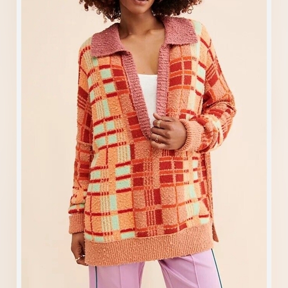 Free People Ruben Sweater Autumn Sunset Combo V-Neck Orange Red Plaid Oversized - Picture 1 of 8